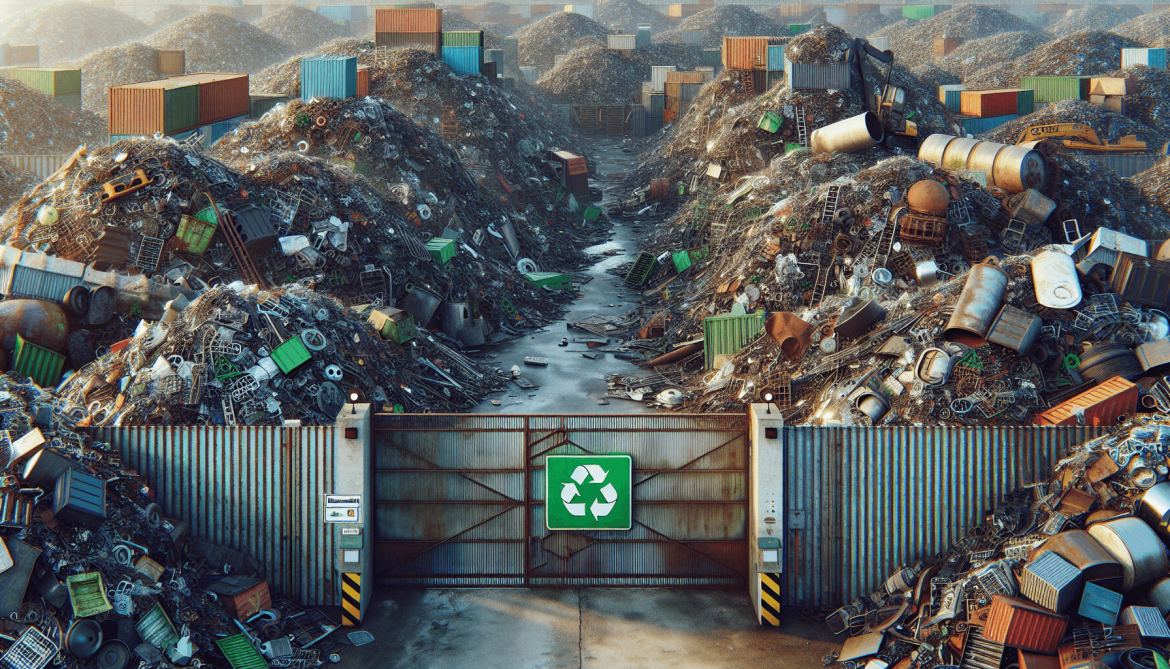 Scrapyard with metal piles and safety signs.