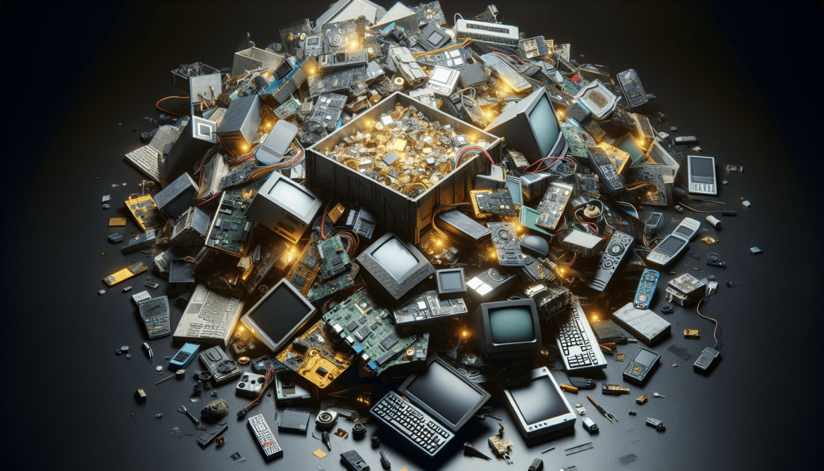 Pile of electronic waste with recycling symbols.